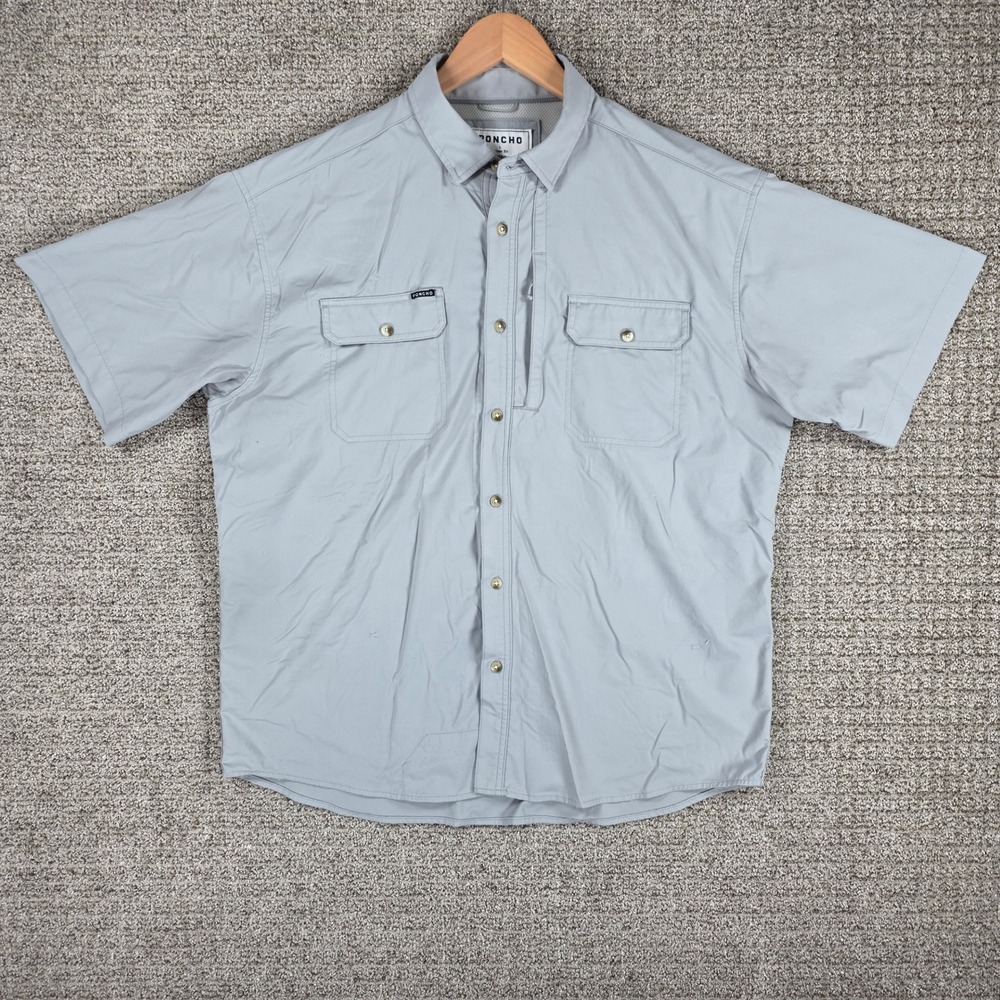 Poncho Outdoors Men Large Regular Fit Short Sleeve Fishing Shirt Gray FLAWS READ